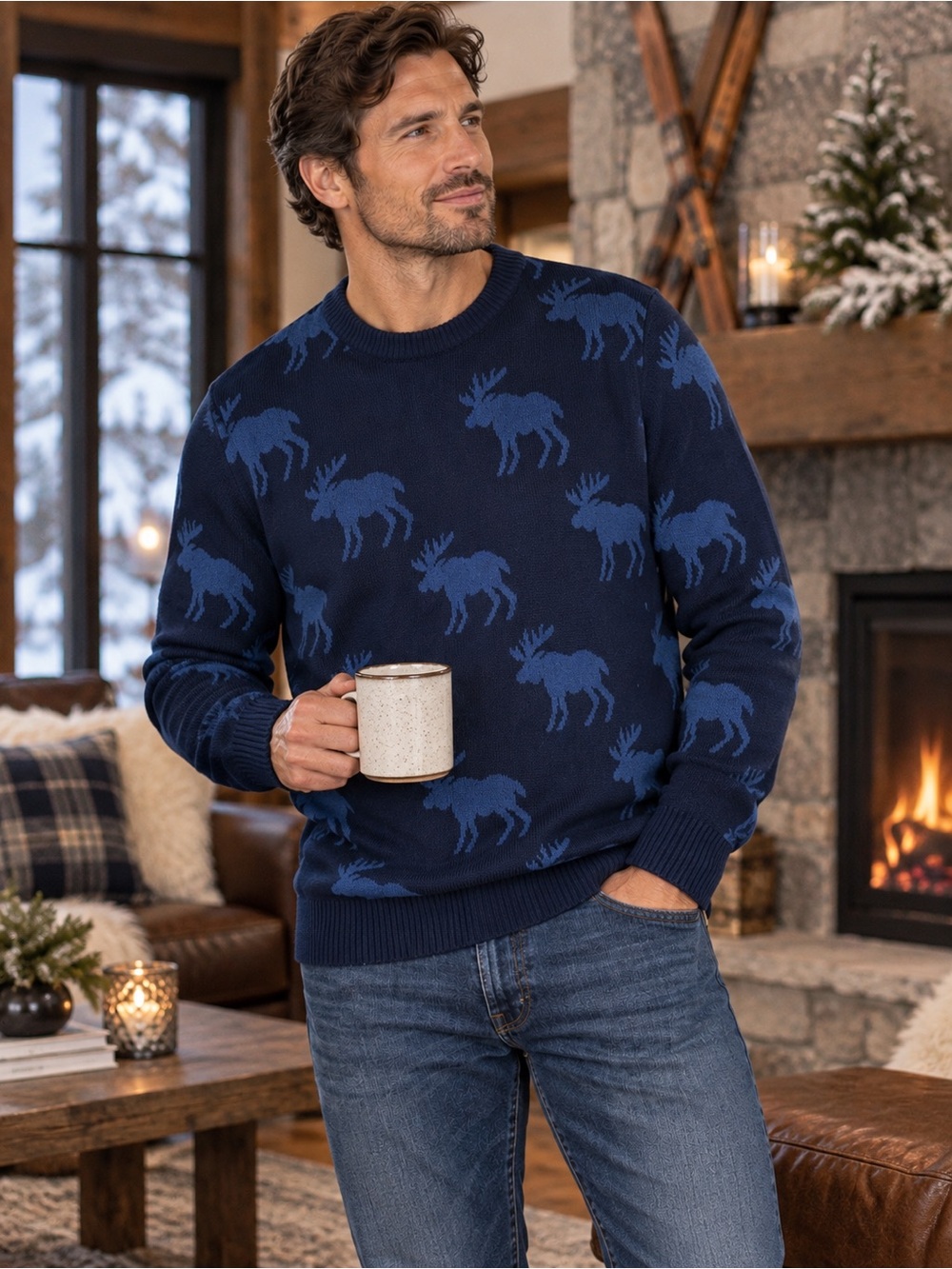 CLUB ROOM Men’s XXL Merino Wool Moose Sweater Navy Blue Après Ski Winter